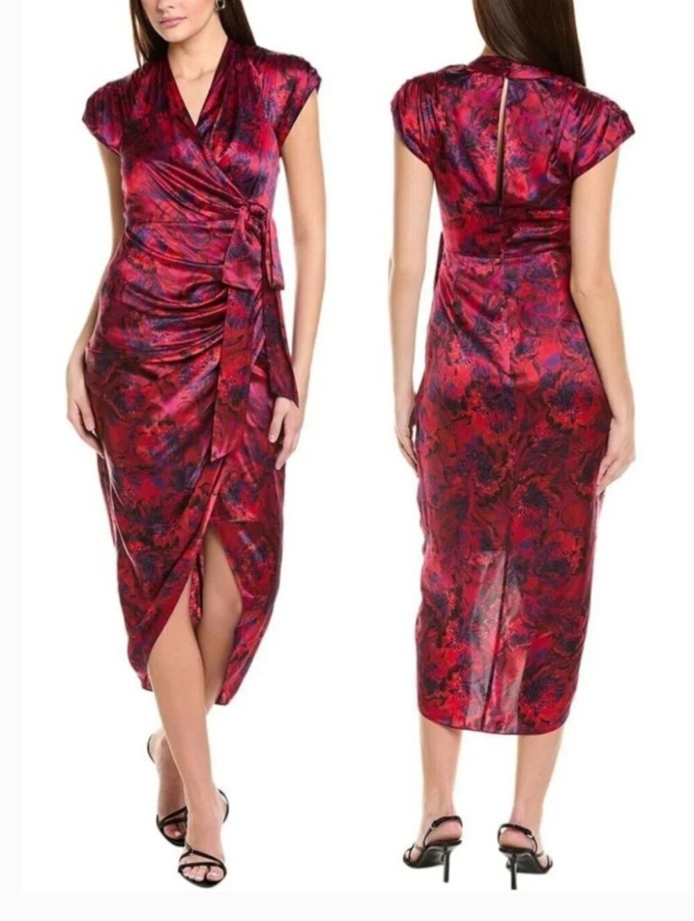 Cinq a Sept Gail Silk Maxi Dress 2 Dark Red Floral Faux Wrap Ruched $695